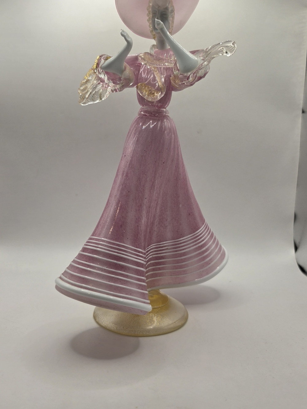 Vintage Murano Glass Lady Figurine Pink Dress Gold Aventurine Venetian Art Glass